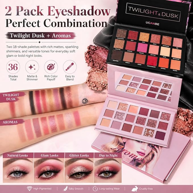 UCANBE 2Pcs Twilight Dusk + Aromas Nude Eyeshadow Palette Makeup Set, Matte Shimmer Glitter Pressed Pearl All Highly Pigmented Blending Powder, Natural Velvet Texture Eye Shadow Kit