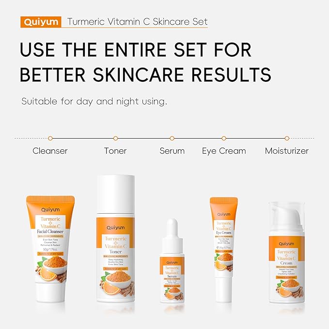 QUIYUM Skin Care Set, Turmeric Vitamin C Skincare Kits 5PCS - Beauty Facial Skin Care Routine Set Kit for Women, Dark Spot Remover for Face, Reduce Acne, Even Tone, Glow, Valentine's Day Birthday Gift