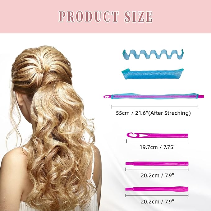 Spiral Hair Curlers (21.8 Inch) - No Heat Hair Rollers - 30 Pieces in Pink, Orange, Blue, Green, Yellow and Purple with 2 Styling Hooks
