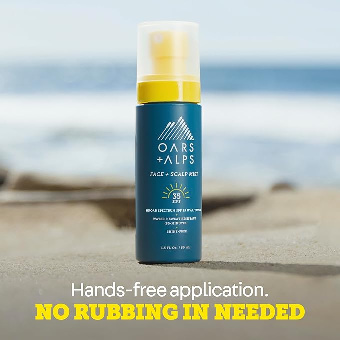 Oars + Alps Face & Scalp Sunscreen Spray Mist, SPF 35 Facial & Hair Sunscreen, Water & Sweat Resistant, Infused with Aloe Vera + Cucumber, Summer Splash Scent, 1.5oz