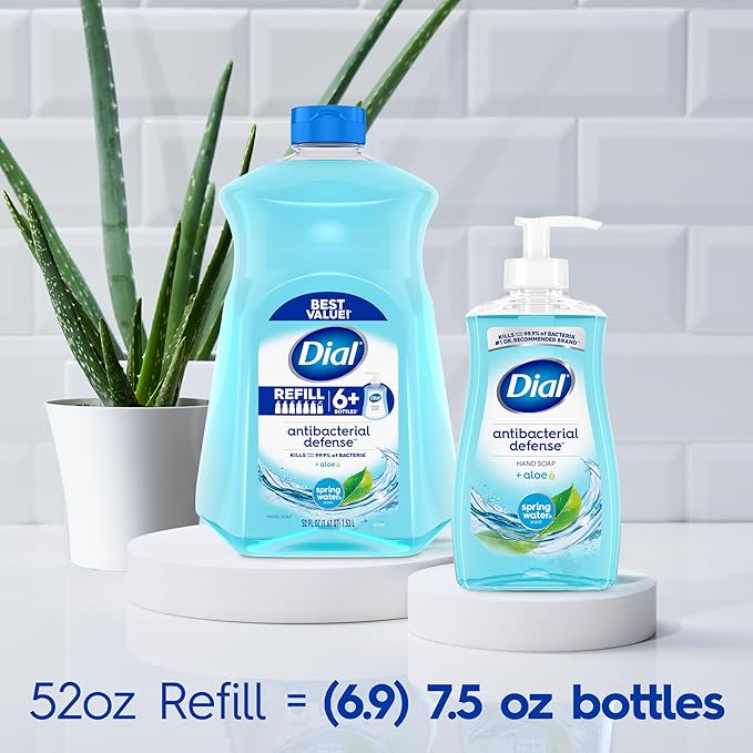Dial Antibacterial Defense Liquid Hand Soap + Aloe, Spring Water Scent, 52 Fl Oz Hand Soap Refill (Pack of 3), Dermatologist-Tested, Gentle Formula