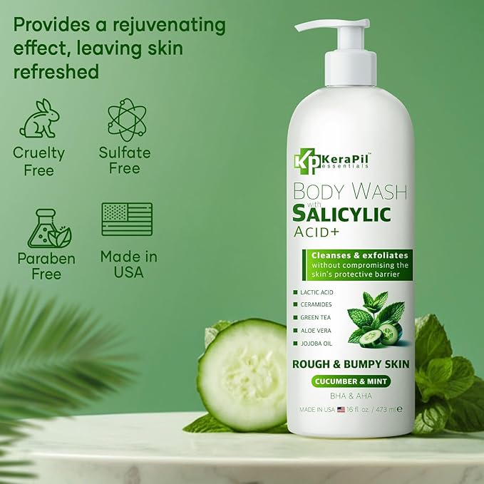 KERAPIL Exfoliating Body Wash with Salicylic Acid - No Dry Out, Gentle Exfoliates Rough and Bumpy Skin, Body Acne Wash, BHA & AHA - Cucumber and Mint Salicylic Acid Body Wash - (16 fl oz x 2)