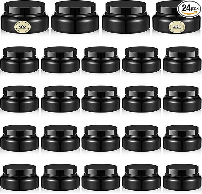 Tessco for you 24 Pack Plastic Jars with Lids Labels Multiuse Slime Containers Empty Body Scrub Jars Round Refillable Cosmetic Body Butter Container for Makeup (5 oz,Black)