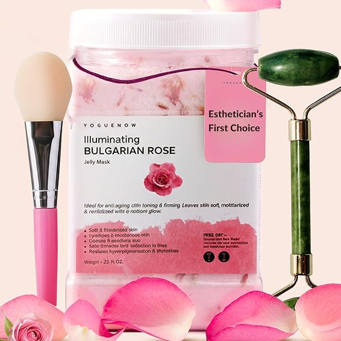 Jelly Face Mask for Facials - Bulgarian Rose Hydrating, Brightening & Nourishing Jelly Mask with Free Jade Roller & Spatula | Professional Hydrojelly Masks | Vajacial Jelly Mask Powder | 23 Oz Jar