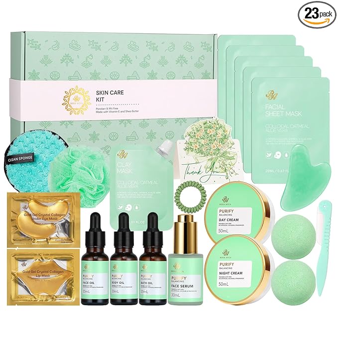 23 Pcs Mother's Day Gifts for Mom, Tea Tree Facial Skin Care Set, Bath and Body Gifts for Women & Men, Self-Care Relaxation Kit, Home Spa Gift Basket, Sheet Mask, Birthday, Christmas, Anniversary