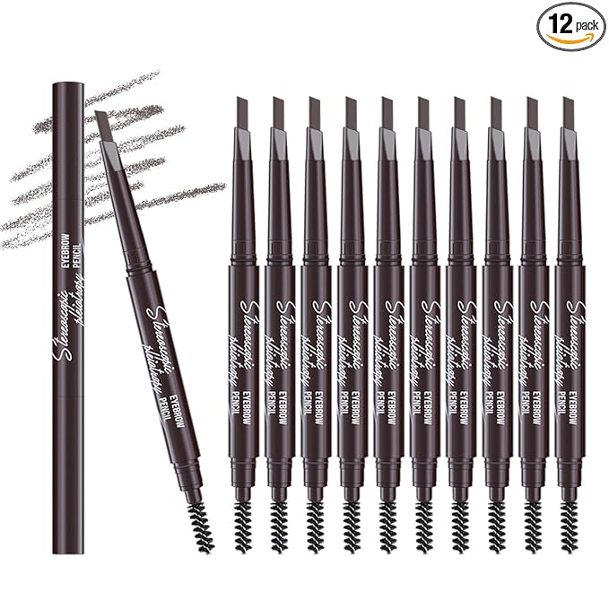 12pcs Medium Brown Waterproof Eyebrow Pencils for Women, Retractable Dual-End Eye Brow Pencil with Brush, Triangular Tip Design, Easier to Define and Fill in Eyebrows for Natural Brow Shape
