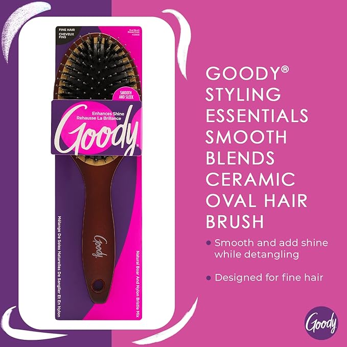 Goody Ceramic Hair Brush, Oval Cushion - Natural Boar and Nylon Bristle Mix to Enhance Shine & Smooth Hair, Fights Frizz and Static - Premium Wood Design is Pain-Free for All Hair Types
