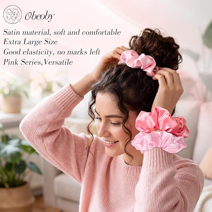 3Pcs Large Satin Hair Scrunchies for Thick Curls, 6Inch Blush Pink Pillow Satin Scrunchies for Girl Summer Pink Outfit No Damage Sleepy Hair Tie