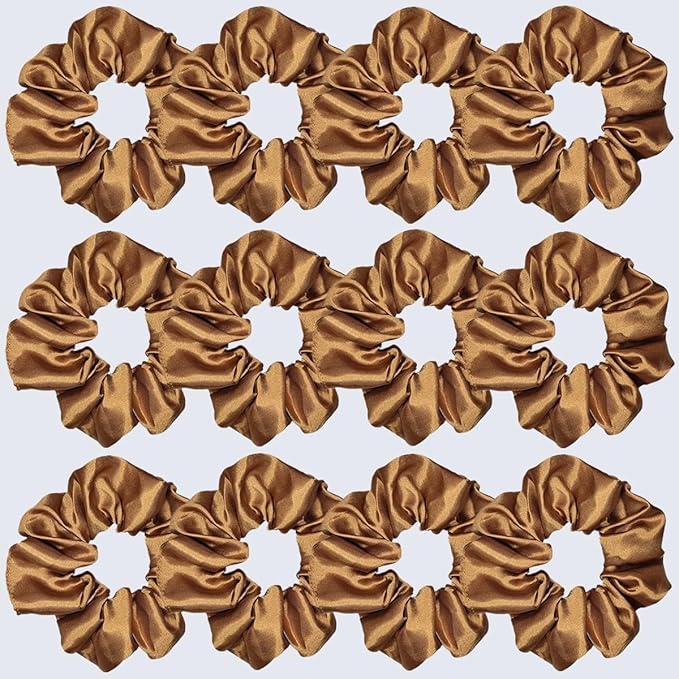 12 Pcs Satin Silk Scrunchies, Soft Hair Ties, Fashion Hair Bands, Bow Ropes, Elastic Bracelets, Ponytail Holders, Accessories for Women and Girls (4.5 Inch, Brown)