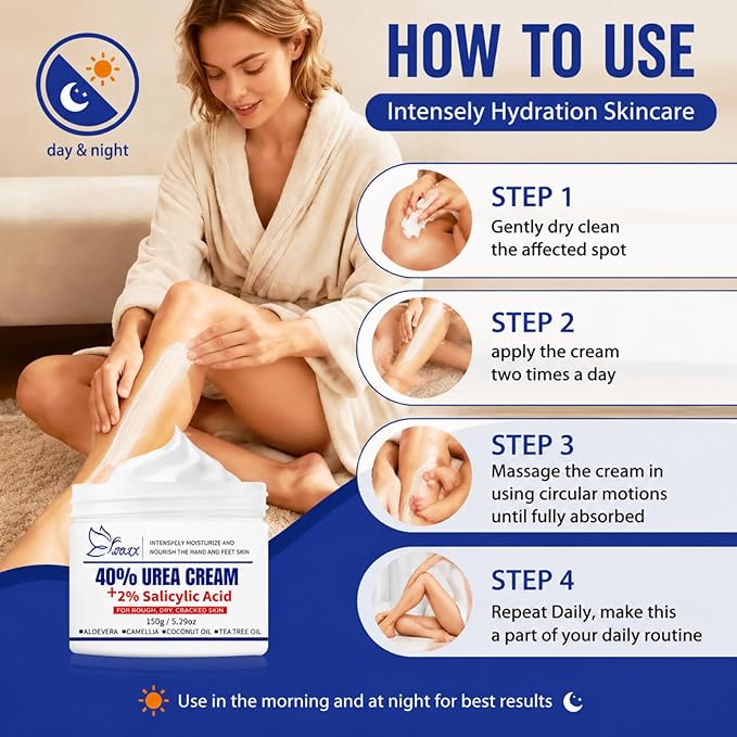 Urea Cream 40 Percent for Feet Maximum Strength, Urea Cream 40% Plus Salicylic Acid 2% for Rough, Dry, Thick & Cracked Skin, Deep Hydration, 5.29 Oz, Non-Greasy (5.29 Oz)