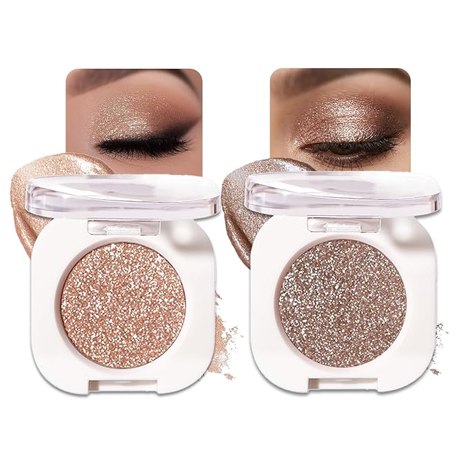 2 Pcs Glitter Eyeshadow Single, Ultra-Fine Sparkling Diamond Shimmer, Long-Lasting Sheer Eye Makeup, Crease-Proof & Buildable Eye Shadow Topper, Gold & Brown Champagne