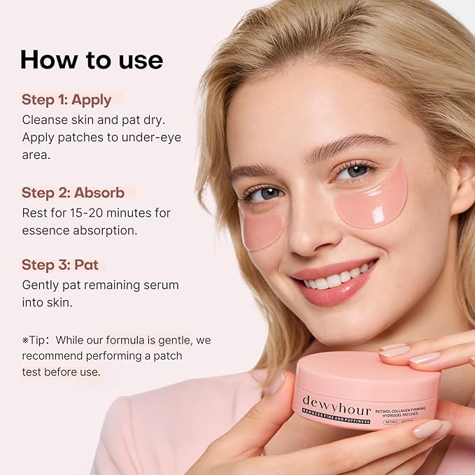 dewyhour Retinol Collagen Firming Hydrogel Patches - Under Eye Patches for Puffy Eyes & Dark Circles, Moisturizing Eye Mask with Caffeine & Hyaluronic Acid, Gentle Korean Skincare