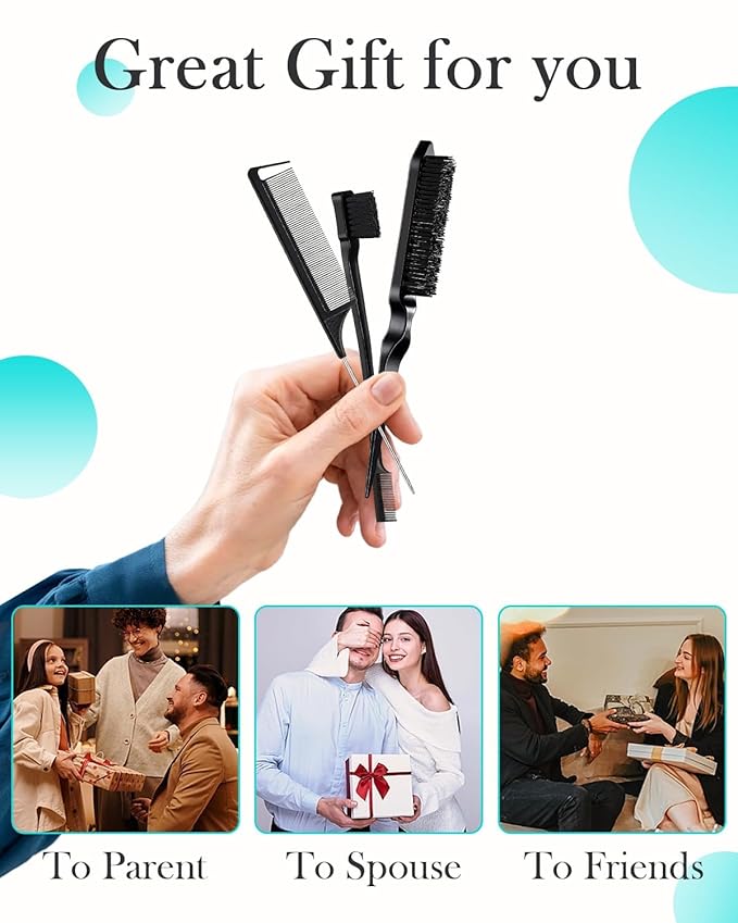 Peach Wood Boar Bristle Slick Back Hair Brush & Rat Tail Comb Set - Controls Frizz, Smooths Flyaways, Restores Shine - Creates Sleek Ponytails, Buns & Edge Control, Teasing for Women & Kids