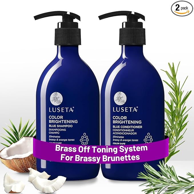 Luseta Blue Shampoo & Conditioner Set - Color Brightening for Brassy and Brunette Treated Hair, Revive Cool Tones, 2x 16.9oz