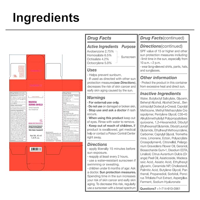 CENTELLIAN 24 Madeca Derma Shield Vital Capsule Sun Essence Broad Spectrum SPF45 40ml – Lightweight Essence Sunscreen with TECA, Hydration, Soothing Cooling Care & Barrier Support for Sensitive Skin