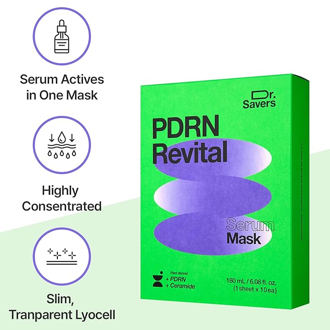 Dr. Savers PDRN Revital Face Serum Mask, 0.60 Fl Oz, Rejuvenating Skin Barrier & Firming Care with Mugwort-Derived PDRN, Ceramide & PHA, Healthy Glow, Personalized Korean Skincare, 10 Sheets