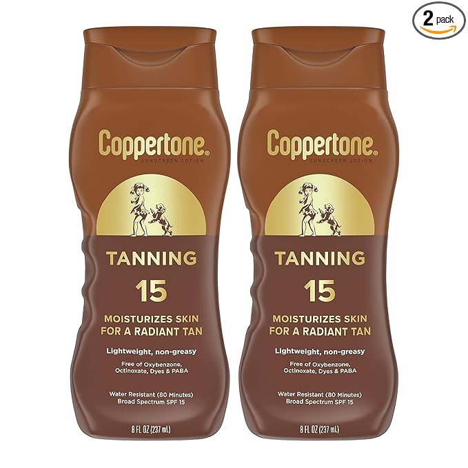 Coppertone Tanning Sunscreen Lotion, SPF 15, Broad Spectrum, Water Resistant | Vitamin E Enriched | Free of Harmful Chemicals | 16 Fl Oz | Pack of 2