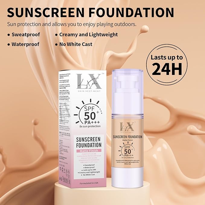 Tinted Face Sunscreen - Waterproof & Lightweight Liquid Foundation with SPF 50++, 3-in-1 Full Coverage Foundation Smooths & Blurs Pores, 408 Deep