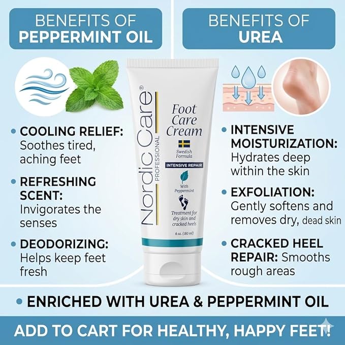 Nordic Care peppermint Foot Care Cream - Intensive Repair Foot Cream With Eucalyptus & peppermint Oil For Dry Feet & Cracked Heels, Foot Care Cream Provide Deep Hydration | (6 oz, Pack of 1)