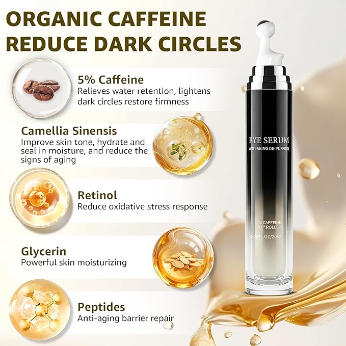 Eye Cream 360°Massage Roller, Caffeine and Under Eye Serum Roller for Dark Circles Puffiness Bags- Retinol, Peptides Reduce Wrinkles Fine Lines, Brightens, Formula Upgraded, 0.76fl oz