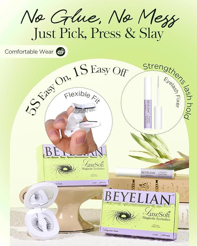 BEYELIAN Magnetic Eyelashes with Applicator Kit, Upgrade Reusable Magnetic Lashes With Fixer, No Glue Needed Soft Magnetic Eyelash for Eye (Lightweight & Comfortable)