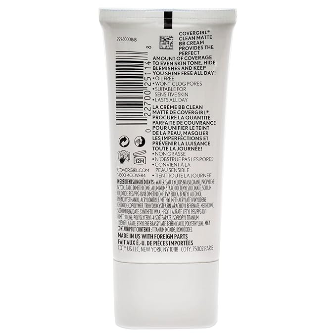 COVERGIRL - Clean Matte BB Cream, Oil-Free, Long-Lasting, Sensitive Skin, Lightweight, 100% Cruelty-Free