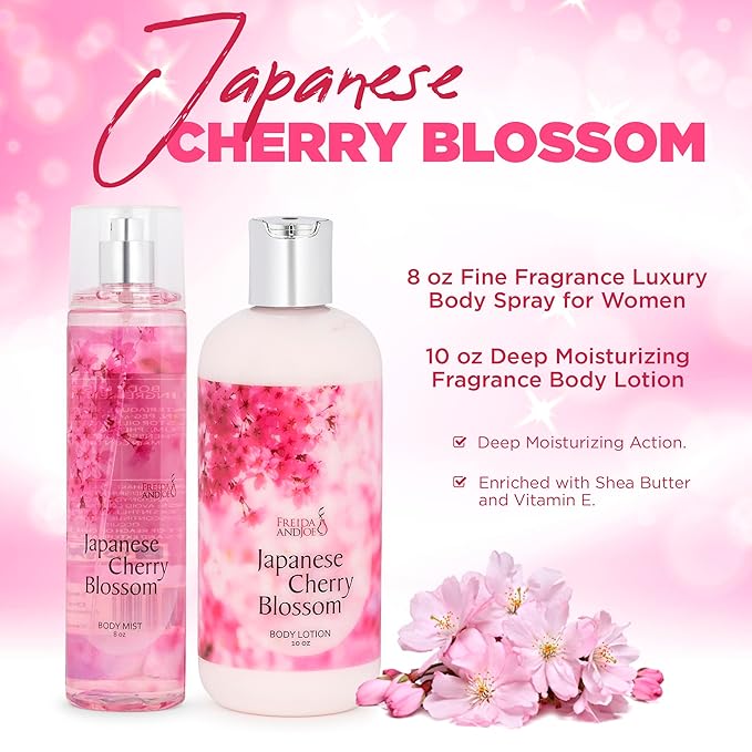 Home Spa Gift 10oz Deep Moisturizing Fragrance Body Lotion & 8 oz. Fine Fragrance Body Mist Set Self-Care Combo for Women & Girls (Cherry Blossom) – Mother's Day Gift for Mom