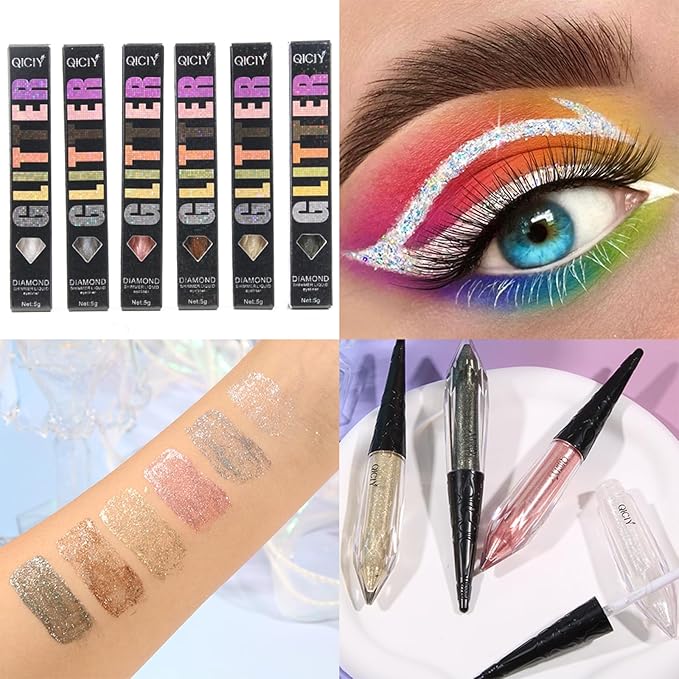 ADMD 6 Colors Liquid Glitter Eyeliner Set, Waterproof Shimmer Eyeshadow,Eyeliners Long Lasting Smudge Proof Makeup Kit