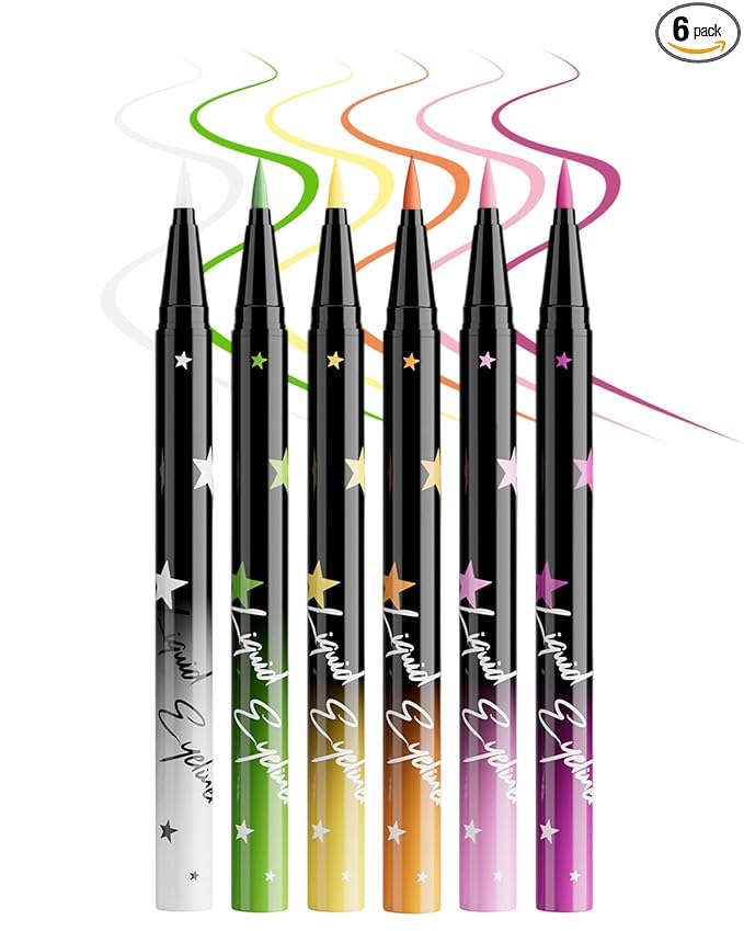6Pcs Colored Liquid Eyeliner Pen Set Pack, Waterproof Waterline Matte Eye Liner Pencil, White Green Yellow Orange Light Pink, High Pigmented Longwear Quick Drying Colorful Eyeliner Pen for Women-Set A