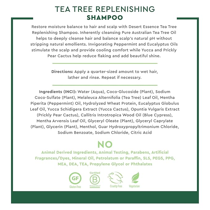 Desert Essence Tea Tree Replenishing Shampoo - 12.7 Fl Ounce - Pack of 2 - Therapeutic - Peppermint & Yucca - Restore & Nurture Hair - Reduce Flaking - All Skin Types