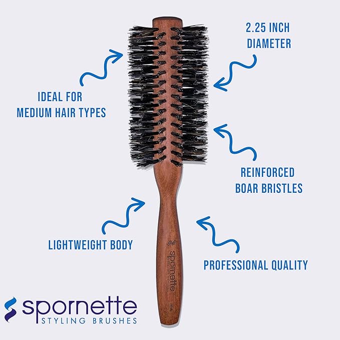 Spornette Italian Round Boar Bristle Brush - Large Round Brush for Blow Drying, Styling & Volumizing - Wooden Brush for Medium to Long Thick, Fine, Curly or Straight Hair (2.25 inch)