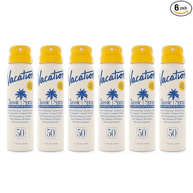 Vacation Mini Classic Sunscreen Spray SPF 50, Water-Resistant, Mini Sunscreen Bulk Party Favor, Sunblock Travel Size, TSA Suntan for Carry On, 1.7 Fl. Oz. (Value Pack of 6)