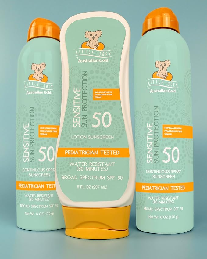Australian Gold Australian gold little joey continuous spray, spf 50 broad spectrum water resistant for up to 80 minutes pediatrician tested hypoallergenic fragrance free, 6 Ounce, A70915