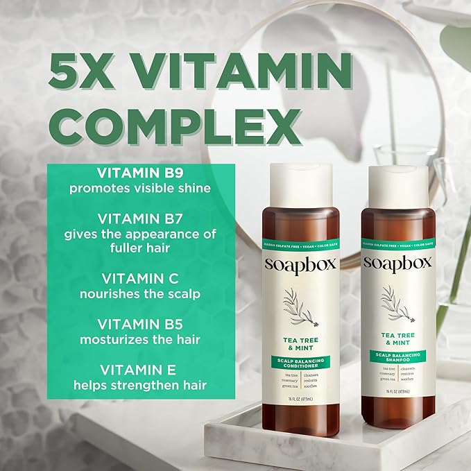 Soapbox Tea Tree Oil & Mint Shampoo & Conditioner Set, Leaves Hair & Scalp Balanced & Soothed - Clean Ingredients Free of Harsh Chemicals, Sulfates, Parabens & Silicones - 16 oz Each