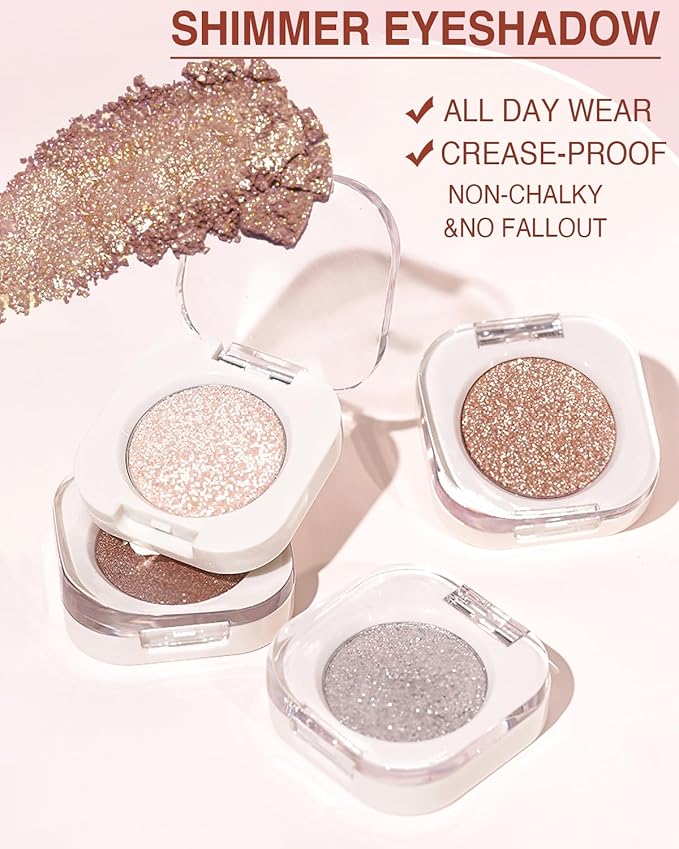 Glitter Eyeshadow Single, Ultra-Fine Sparkling Diamond Shimmer, Long-Lasting Sheer Eye Makeup, Crease-Proof & Buildable Eye Shadow Topper, Champagne Gold