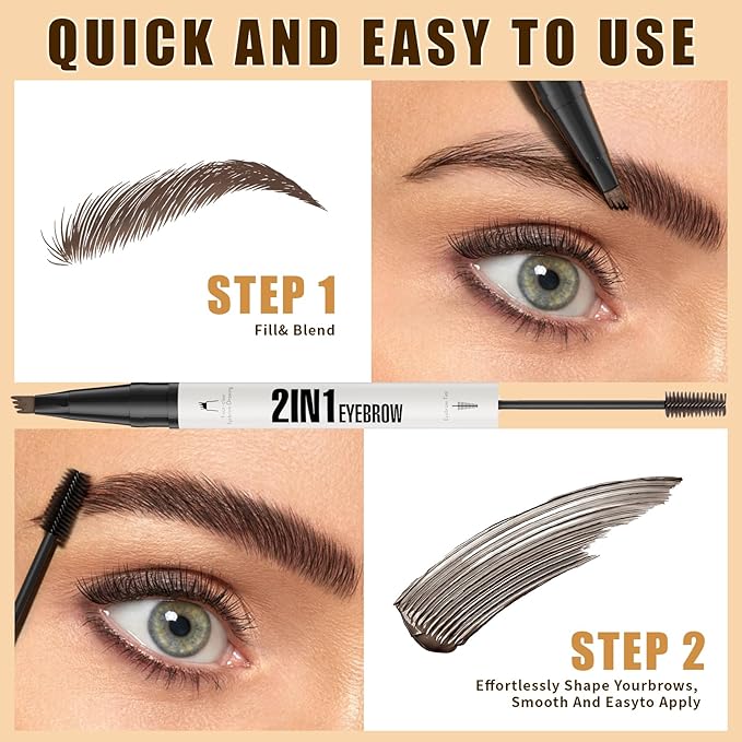 2-in-1 Eyebrow Pencil & Tinted Brow Gel - Dual-Ended Microblading Pen with 4-Fork Tip, Waterproof, Smudge-Proof for Natural Hair-Like Brows, Long Lasting 24H (Brown)