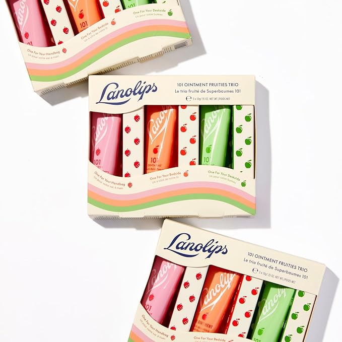 Lanolips 101 Ointment Fruities Trio - Fruity Lip Balm Gift Set & Stocking Stuffer - Strawberry, Peach & Green Apple Flavored Lip Moisturizer for Dry Lips - Dermatologist Tested (10g / 0.35oz each)