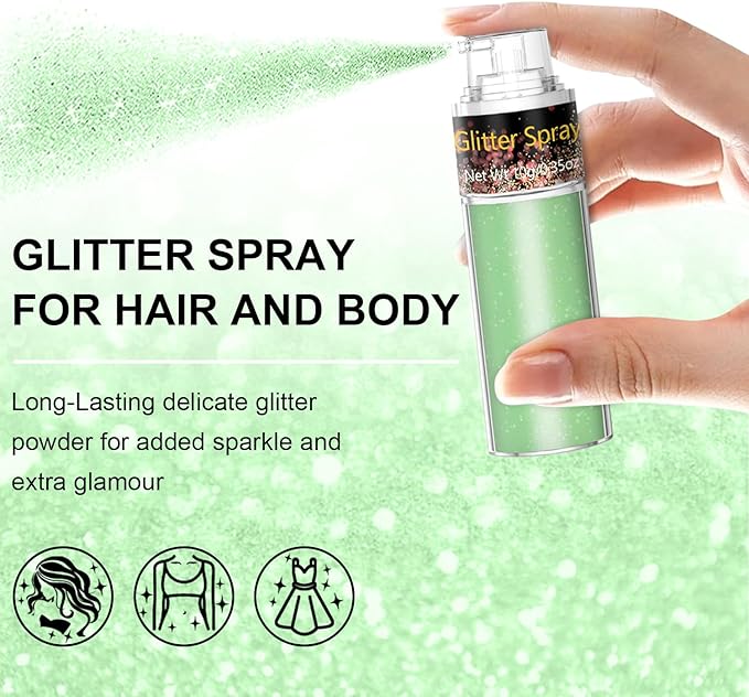 Scarman Hair and Body Glitter Spray, 1PC Glitter Hairspray Dry Powder Makeup for Clothes, Festival Rave Prom Loose Sparkle Powder,Holographic Ultra Fine Resin Glitters for Crafts (1PC Light Green)