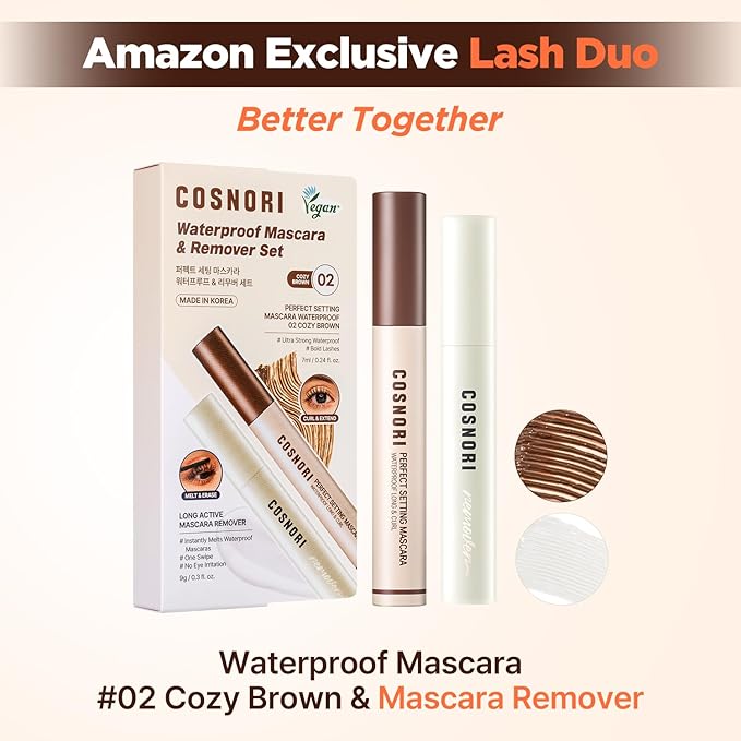 COSNORI Waterproof Mascara & Remover Set 02 Cozy Brown - Ultra-Strong Waterproof Mascara with Gentle Eye Makeup Remover, Smudge-Proof & Easy Cleansing Duo (02 Cozy Brown + Mascara Remover)