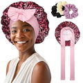 AWAYTR Satin Bonnet for Women Tie Band Hair Bonnet Large 2 Layered Silk Sleeping Cap Nightcap with 3PCS Hair Scrunchies (US, Alpha, One Size, Leoprad Print(Pink))