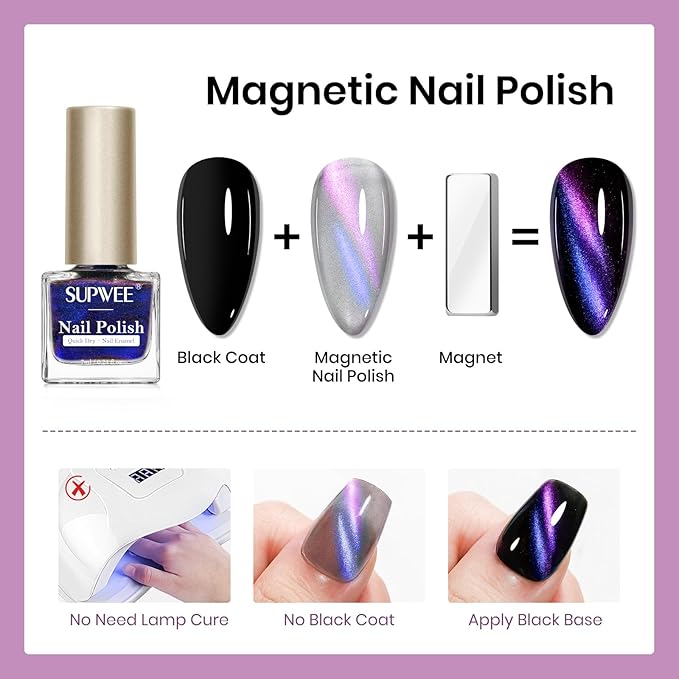 9D Magnetic Cat Eye Nail Polish Set, Cateye Nail Polish Non Gel with Magnet, Multi-Color Holographic Glitter Quick Dry Nail Lacquer High Glossy DIY Salon Gift for Women Girl