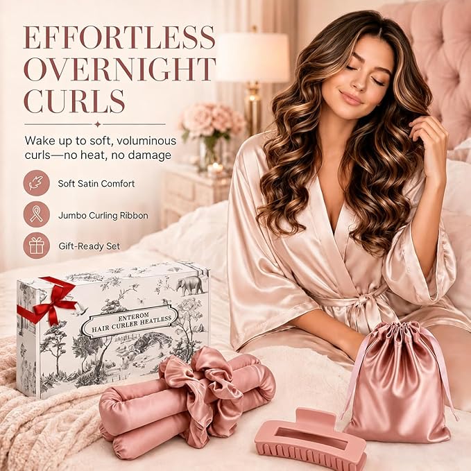 EnteromMuse Heatless Curls Overnight Satin Curling Set No Heat Hair Curler for Long & Short Hair, Heatless Curling Rod&Rollers for Soft Bouncy Curls Complete Kit with Storage Bag(Pink, Original)