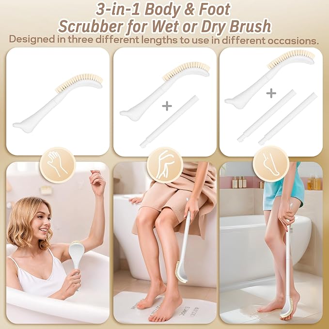 Foot Brush/Foot File/Silicone Body Scrubber Set(3PCS), 3-in-1 Foot Scrubber with Long Handle, 10.2’’-27.5’’Adjustable Foot Scrub Brush with Foot File and Silicone Loofah, Gift-Box(White Set)