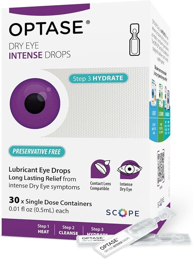 Optase Dry Eye Intense Drops, 30 Single Dose Vials – Preservative Free Eye Drops for Dry Eyes – Moderate to Severe Artificial Tears - Contact Lens Compatible - .01 fl oz per Vial