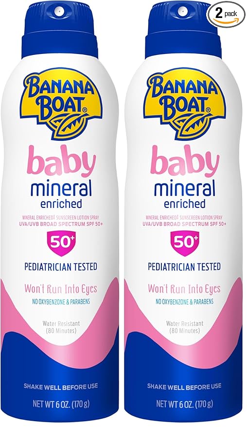 Banana Boat Baby Mineral Enriched Sunscreen, Won't Run Into Eyes, Broad Spectrum Sunscreen Lotion Spray, SPF 50, 6oz. (Pack of 2)