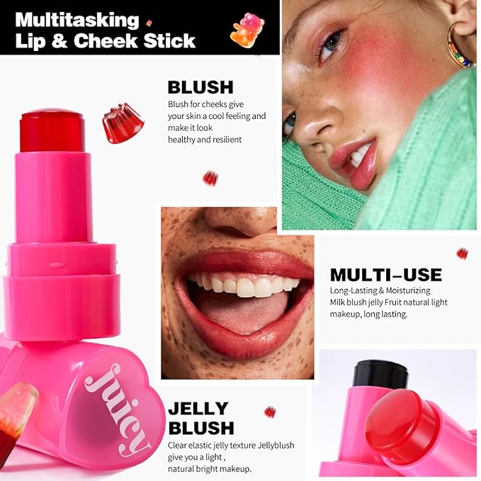 Multi-Use Juicy Love Blush, Cooling Water Jelly Tint Stick, Bouncy Jelly Texture, 3-In-1 Cheek Blush & Eyeshadow & Lip Tinted Long-Lasting Moisture - 1,000+ Swipes Per Stick (#03)