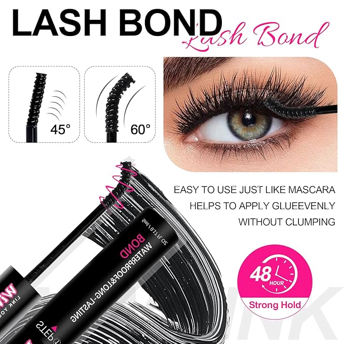 Lash Bond and Seal Black Eyelash Glue Waterproof Lash Clusters Glue for Cluster Lashes Strong Hold 150Hour Eyelash Adhesive at Home（5ml Black Bond+5ml Clear Seal）