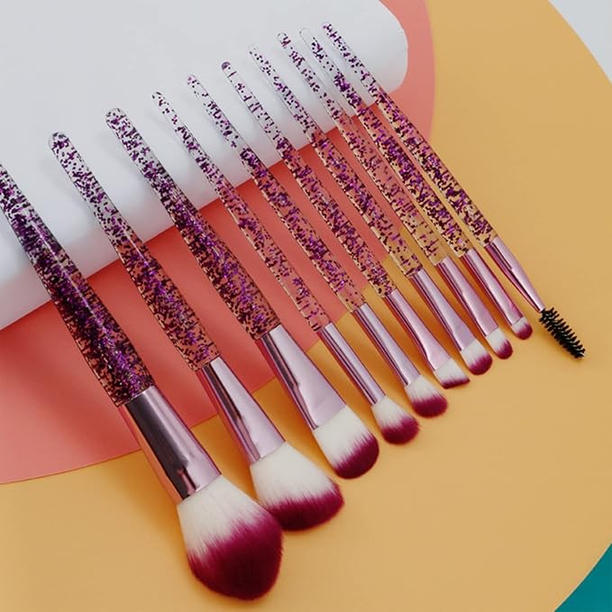 Makeup Brush Set 10 PCS Stylish Glitter Handle Makeup Brushes Professional Face Powder Foundation Blending Blush Eye Shadow Eyeliner Lip Cosmetic Brushes With Transparent bag(Purple)