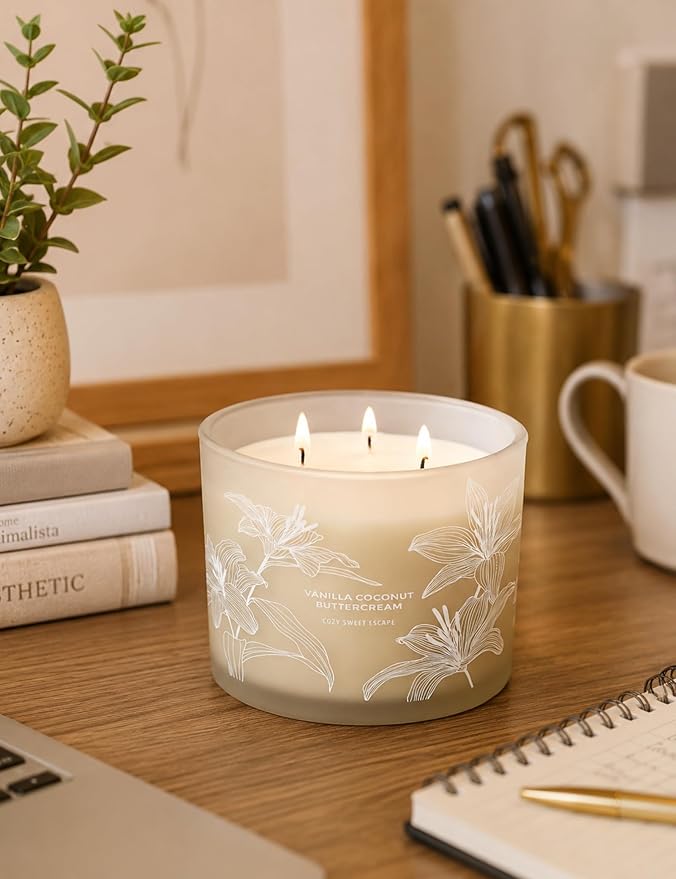 Vanilla Coconut Buttercream Candle, 14.5oz Large 3-Wick Soy Scented Candles for Home, Vanilla Cupcake Candle, Long Lasting Aromatherapy Candle, Gift for Mom Women