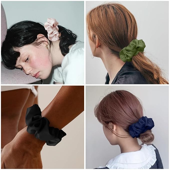 Silk Hair Scrunchies for Women, 100% Mulberry Silk Hair Ties, No Damage for Curly Hair, Large Scrunchie for Sleep, (Black, Blush pinK, L)